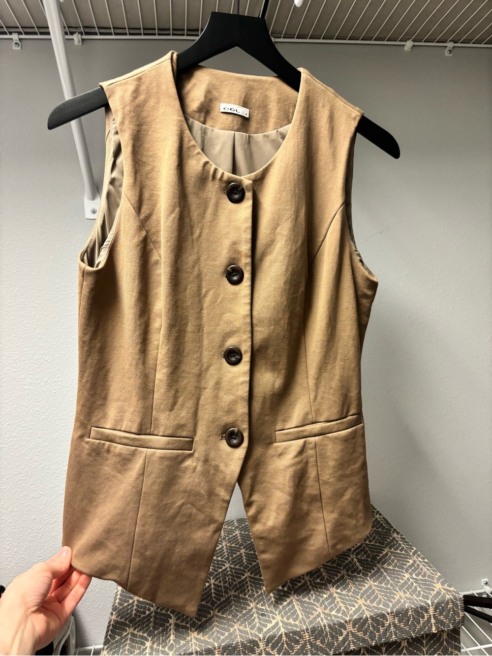 OGL Tan Sleeveless Button Vest with Notch Hem